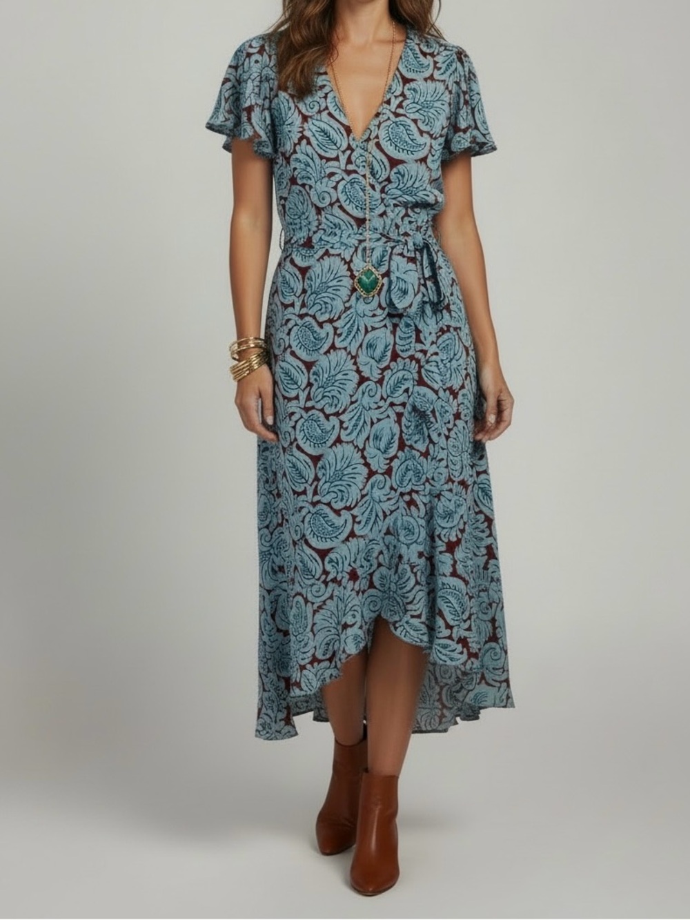 J.Crew V-Neck Flutter-Hem Dress in Aqua Paisley Midi Size 6